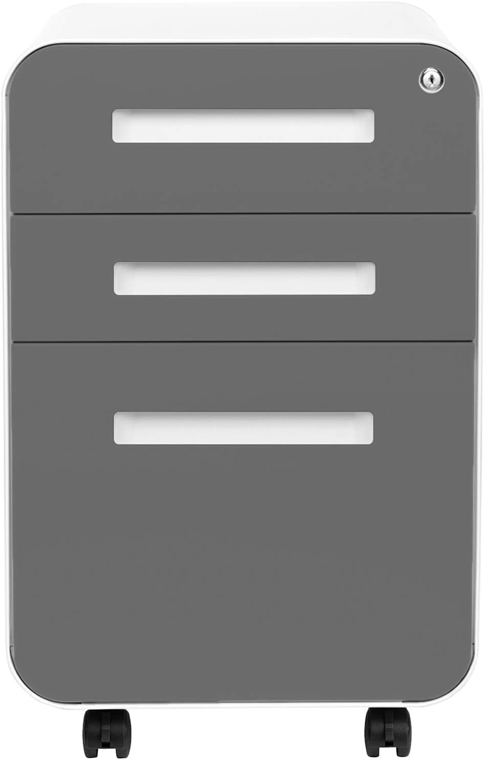 Stockpile 3 Drawer File Cabinet with Lock - Under Office Desk Metal Filing Cabinet, Legal/Letter File Folders, Wheels and Stationary Feet, Pre-Assembled, White/Wood
