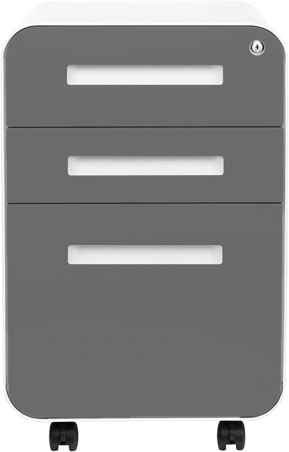 Stockpile 3 Drawer File Cabinet with Lock - Under Office Desk Metal Filing Cabinet, Legal/Letter File Folders, Wheels and Stationary Feet, Pre-Assembled, White/Wood