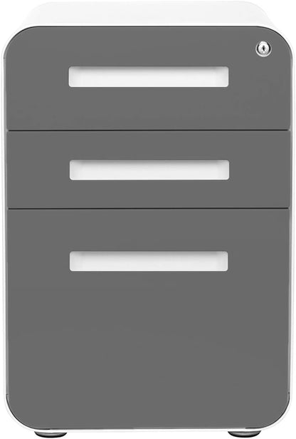 Stockpile 3 Drawer File Cabinet with Lock - Under Office Desk Metal Filing Cabinet, Legal/Letter File Folders, Wheels and Stationary Feet, Pre-Assembled, White/Wood