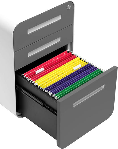 Stockpile 3 Drawer File Cabinet with Lock - Under Office Desk Metal Filing Cabinet, Legal/Letter File Folders, Wheels and Stationary Feet, Pre-Assembled, White/Wood