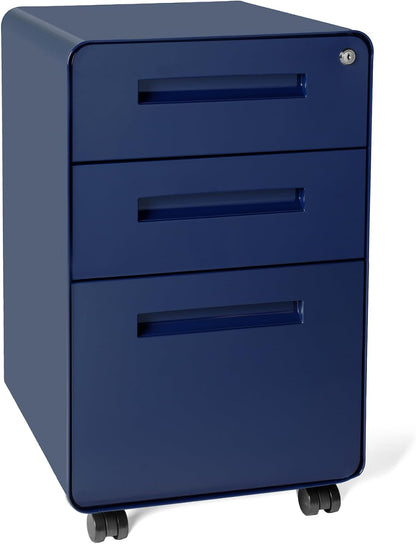 Stockpile 3 Drawer File Cabinet with Lock - Under Office Desk Metal Filing Cabinet, Legal/Letter File Folders, Wheels and Stationary Feet, Pre-Assembled, White/Wood