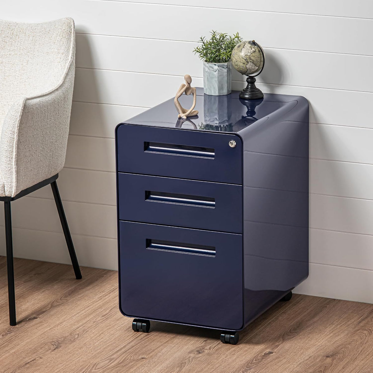 Stockpile 3 Drawer File Cabinet with Lock - Under Office Desk Metal Filing Cabinet, Legal/Letter File Folders, Wheels and Stationary Feet, Pre-Assembled, White/Wood
