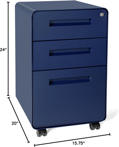 Stockpile 3 Drawer File Cabinet with Lock - Under Office Desk Metal Filing Cabinet, Legal/Letter File Folders, Wheels and Stationary Feet, Pre-Assembled, White/Wood