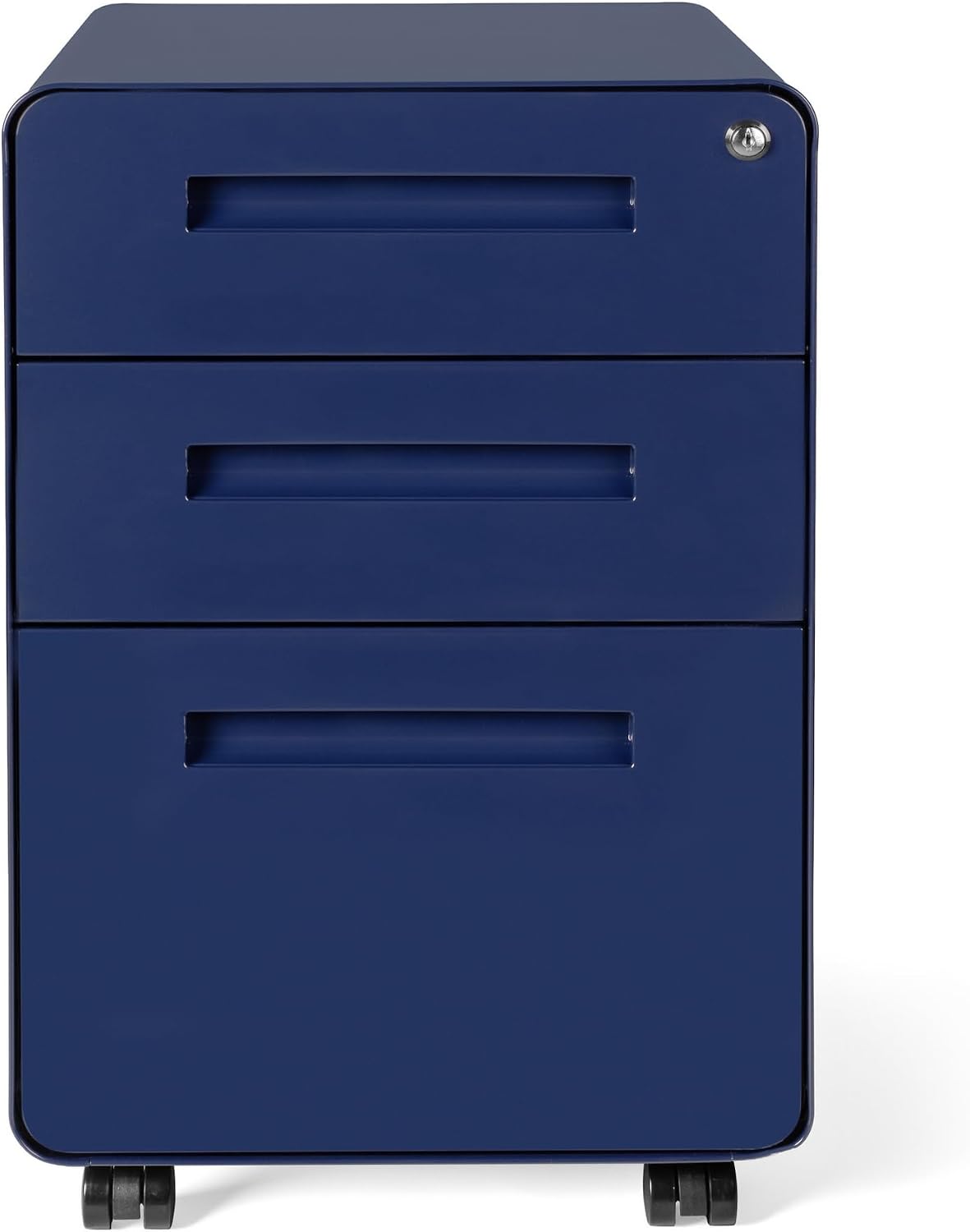 Stockpile 3 Drawer File Cabinet with Lock - Under Office Desk Metal Filing Cabinet, Legal/Letter File Folders, Wheels and Stationary Feet, Pre-Assembled, White/Wood