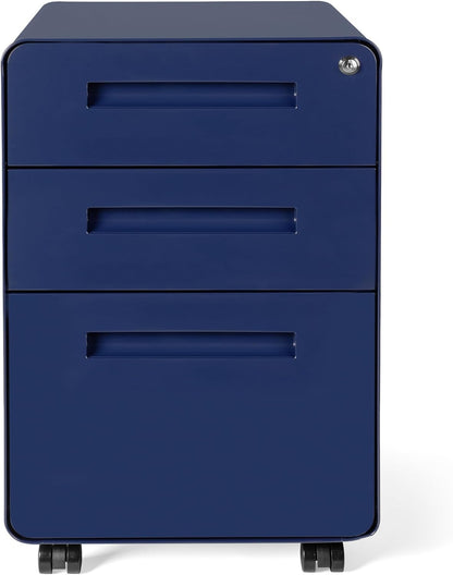 Stockpile 3 Drawer File Cabinet with Lock - Under Office Desk Metal Filing Cabinet, Legal/Letter File Folders, Wheels and Stationary Feet, Pre-Assembled, White/Wood