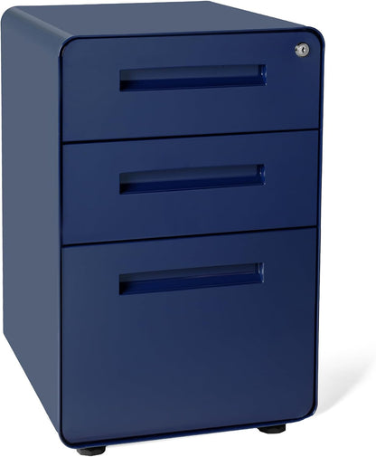 Stockpile 3 Drawer File Cabinet with Lock - Under Office Desk Metal Filing Cabinet, Legal/Letter File Folders, Wheels and Stationary Feet, Pre-Assembled, White/Wood