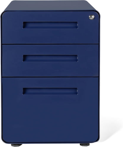 Stockpile 3 Drawer File Cabinet with Lock - Under Office Desk Metal Filing Cabinet, Legal/Letter File Folders, Wheels and Stationary Feet, Pre-Assembled, White/Wood