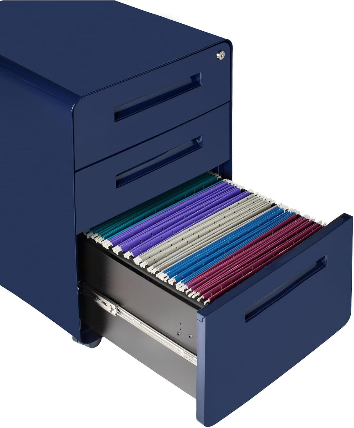 Stockpile 3 Drawer File Cabinet with Lock - Under Office Desk Metal Filing Cabinet, Legal/Letter File Folders, Wheels and Stationary Feet, Pre-Assembled, White/Wood