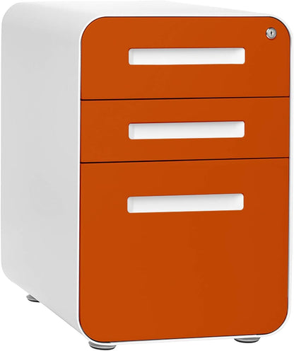 Stockpile 3 Drawer File Cabinet with Lock - Under Office Desk Metal Filing Cabinet, Legal/Letter File Folders, Wheels and Stationary Feet, Pre-Assembled, White/Wood