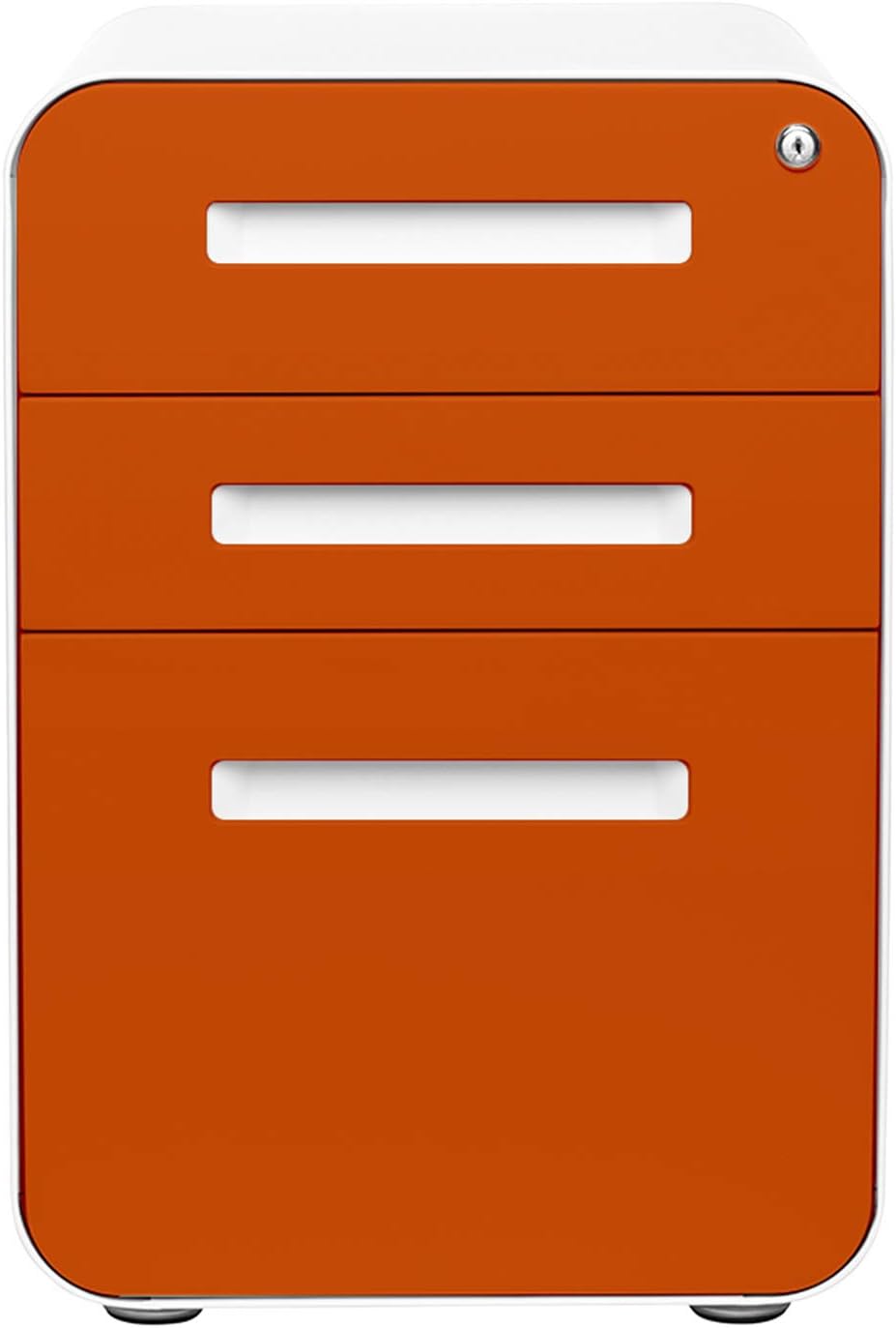 Stockpile 3 Drawer File Cabinet with Lock - Under Office Desk Metal Filing Cabinet, Legal/Letter File Folders, Wheels and Stationary Feet, Pre-Assembled, White/Wood