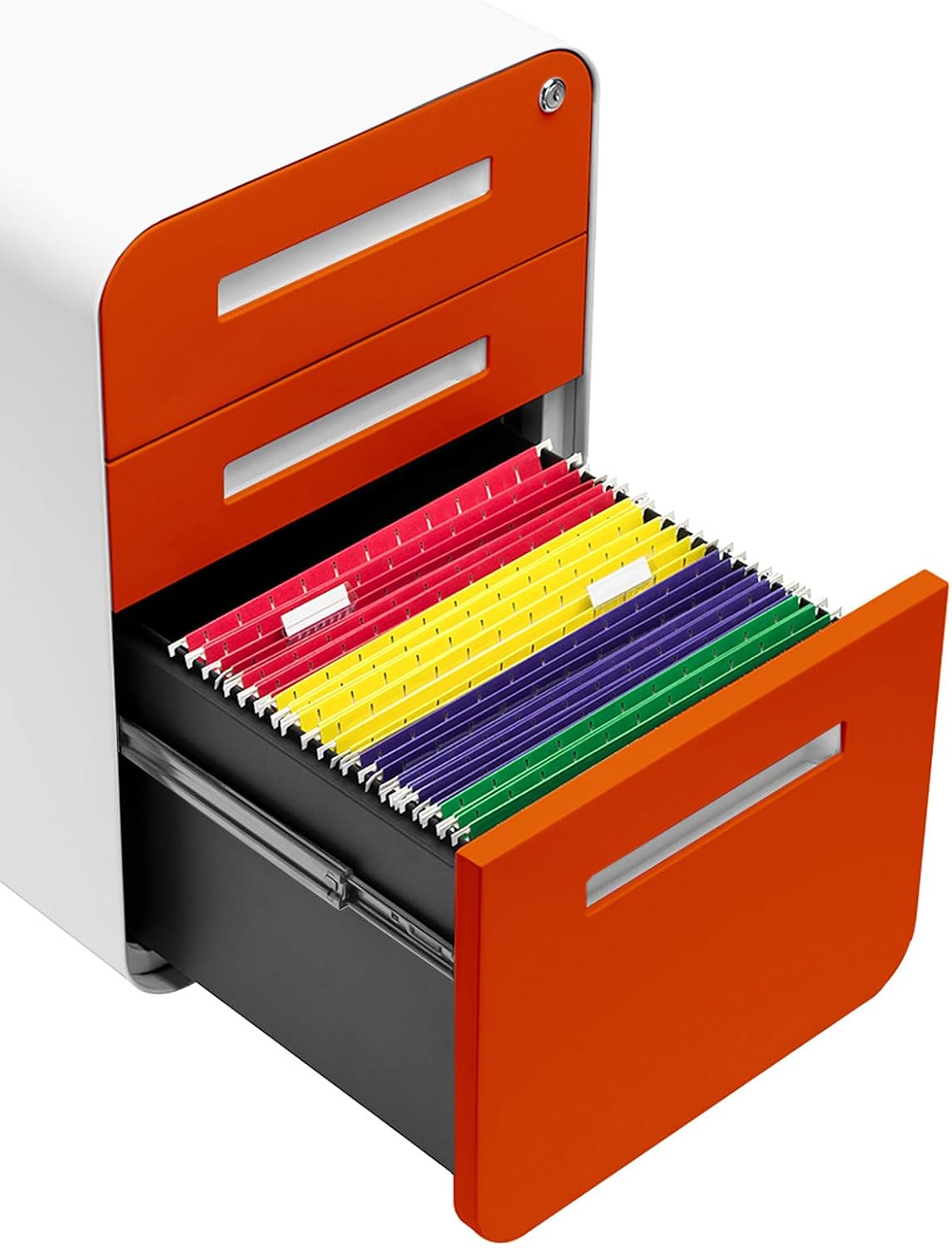 Stockpile 3 Drawer File Cabinet with Lock - Under Office Desk Metal Filing Cabinet, Legal/Letter File Folders, Wheels and Stationary Feet, Pre-Assembled, White/Wood