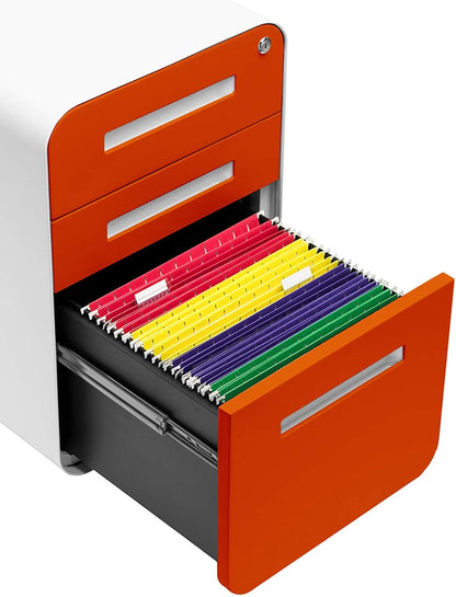 Stockpile 3 Drawer File Cabinet with Lock - Under Office Desk Metal Filing Cabinet, Legal/Letter File Folders, Wheels and Stationary Feet, Pre-Assembled, White/Wood