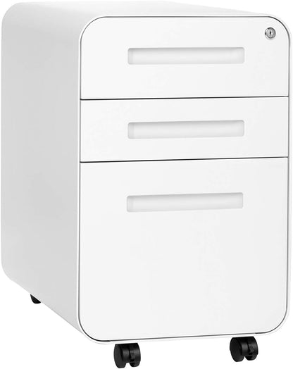 Stockpile 3 Drawer File Cabinet with Lock - Under Office Desk Metal Filing Cabinet, Legal/Letter File Folders, Wheels and Stationary Feet, Pre-Assembled, White/Wood