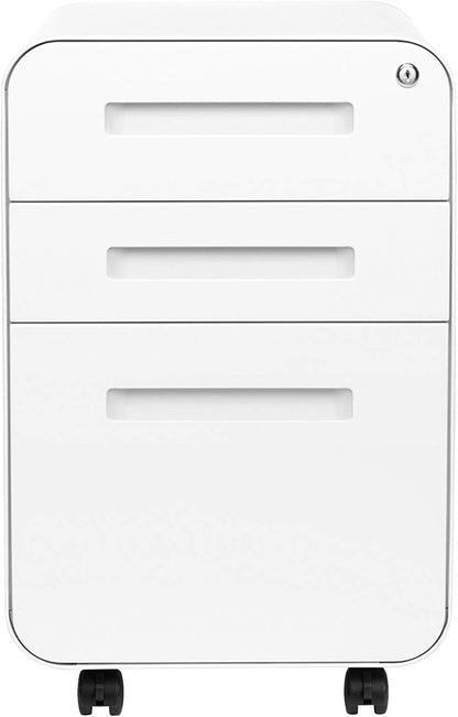 Stockpile 3 Drawer File Cabinet with Lock - Under Office Desk Metal Filing Cabinet, Legal/Letter File Folders, Wheels and Stationary Feet, Pre-Assembled, White/Wood