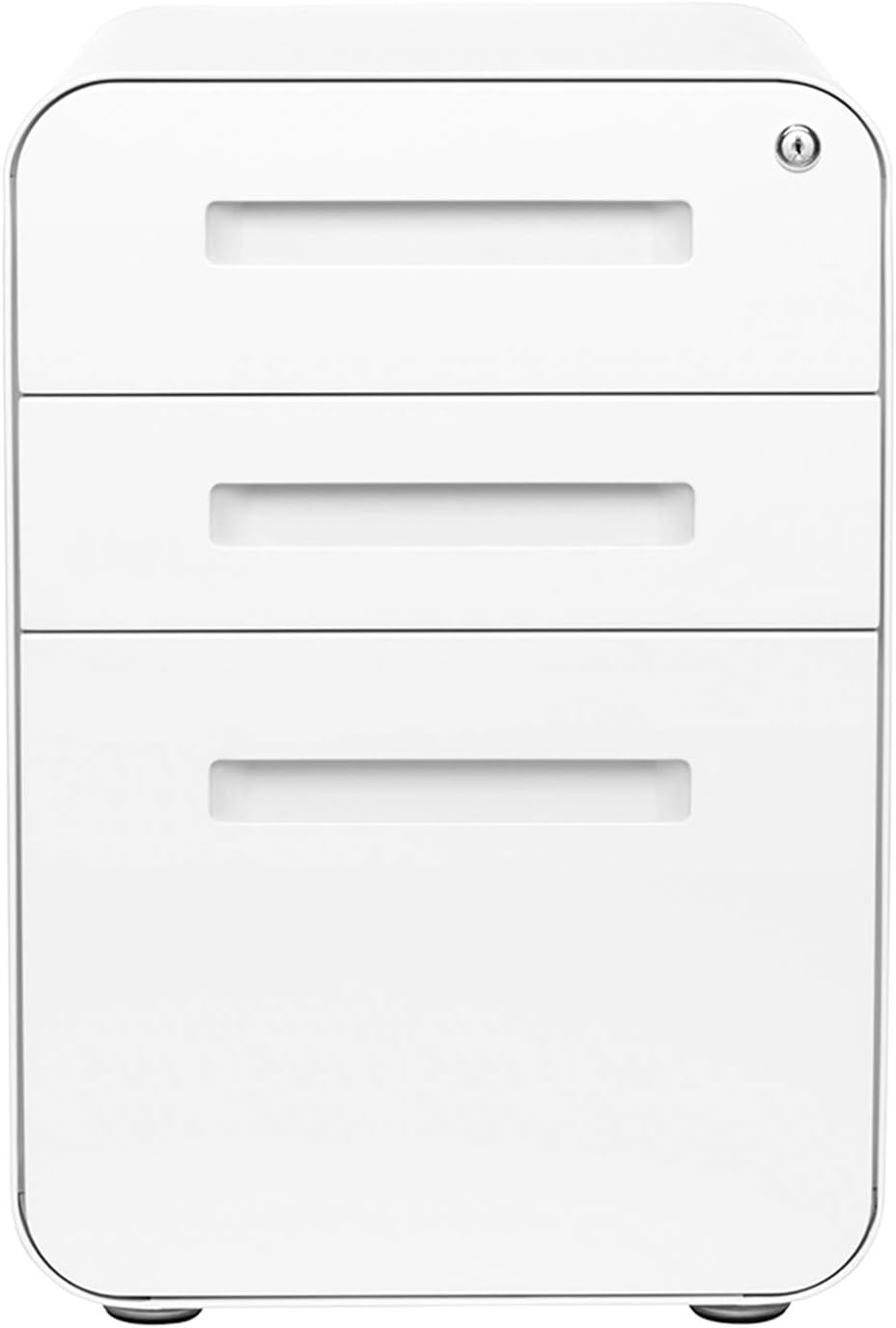 Stockpile 3 Drawer File Cabinet with Lock - Under Office Desk Metal Filing Cabinet, Legal/Letter File Folders, Wheels and Stationary Feet, Pre-Assembled, White/Wood