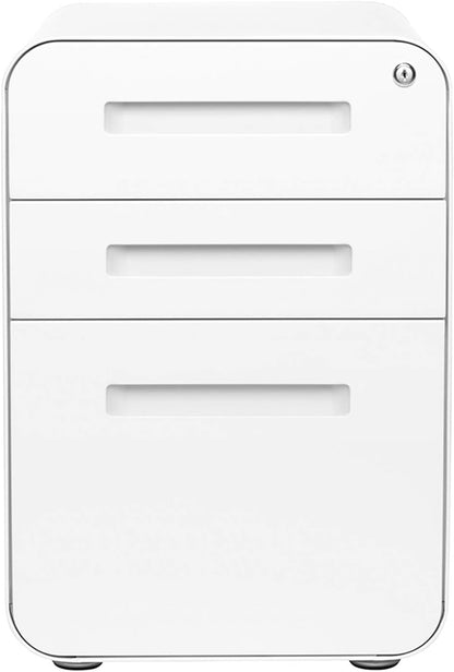 Stockpile 3 Drawer File Cabinet with Lock - Under Office Desk Metal Filing Cabinet, Legal/Letter File Folders, Wheels and Stationary Feet, Pre-Assembled, White/Wood
