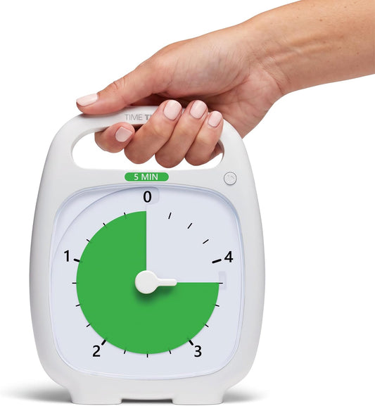 PLUS 5 Minute Desk Visual Timer - Countdown Timer with Portable Handle for Classroom, Office, Homeschooling, Study Tool with Silent Operation (White)