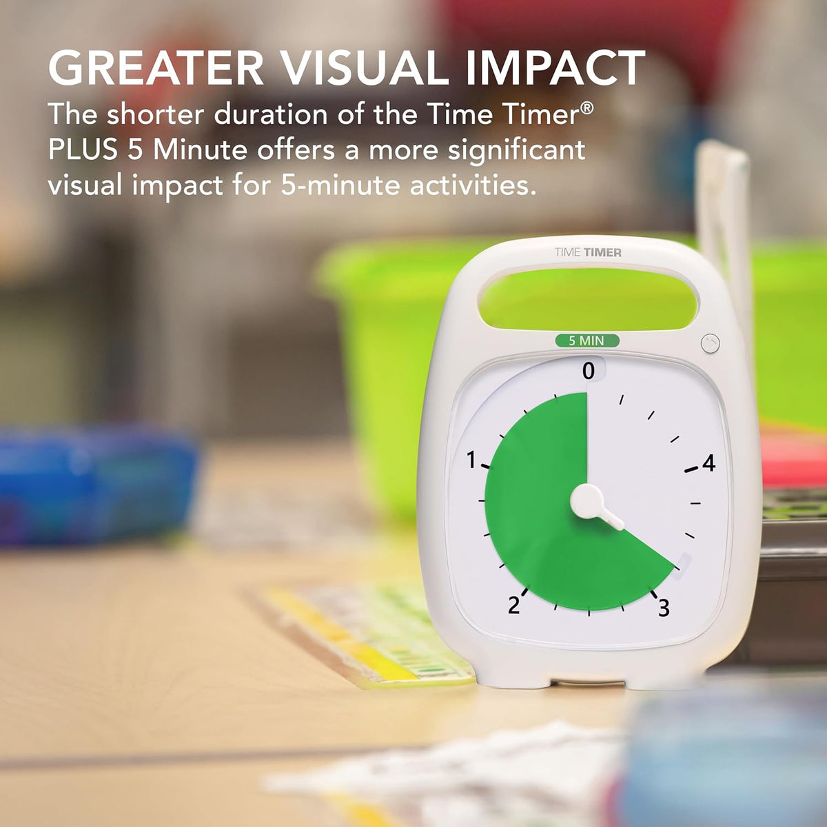 PLUS 5 Minute Desk Visual Timer - Countdown Timer with Portable Handle for Classroom, Office, Homeschooling, Study Tool with Silent Operation (White)