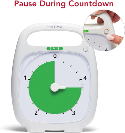 PLUS 5 Minute Desk Visual Timer - Countdown Timer with Portable Handle for Classroom, Office, Homeschooling, Study Tool with Silent Operation (White)