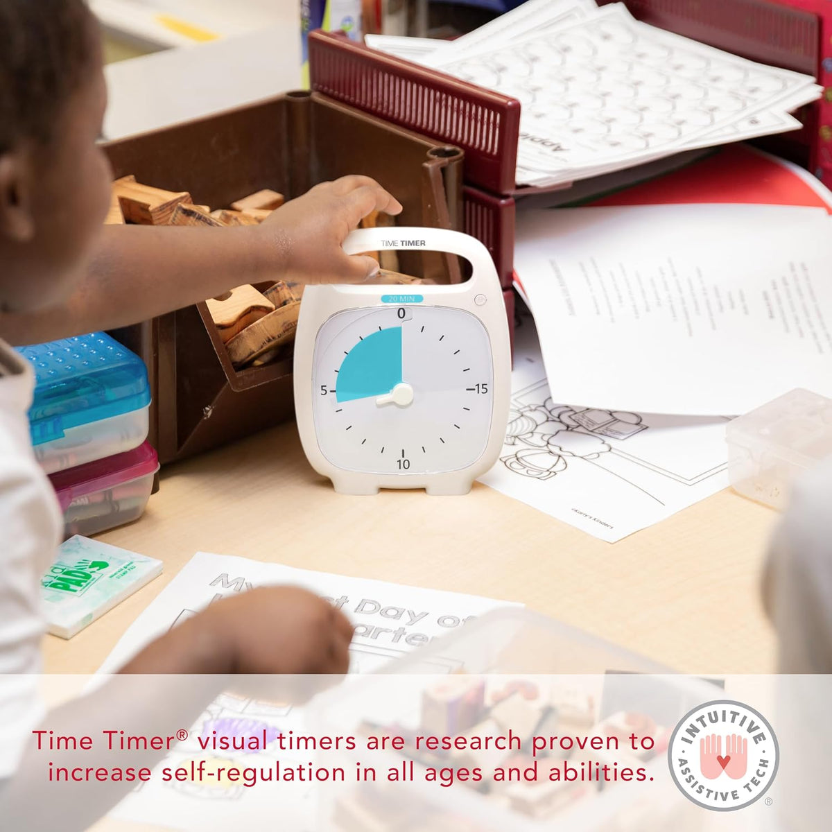 PLUS 5 Minute Desk Visual Timer - Countdown Timer with Portable Handle for Classroom, Office, Homeschooling, Study Tool with Silent Operation (White)