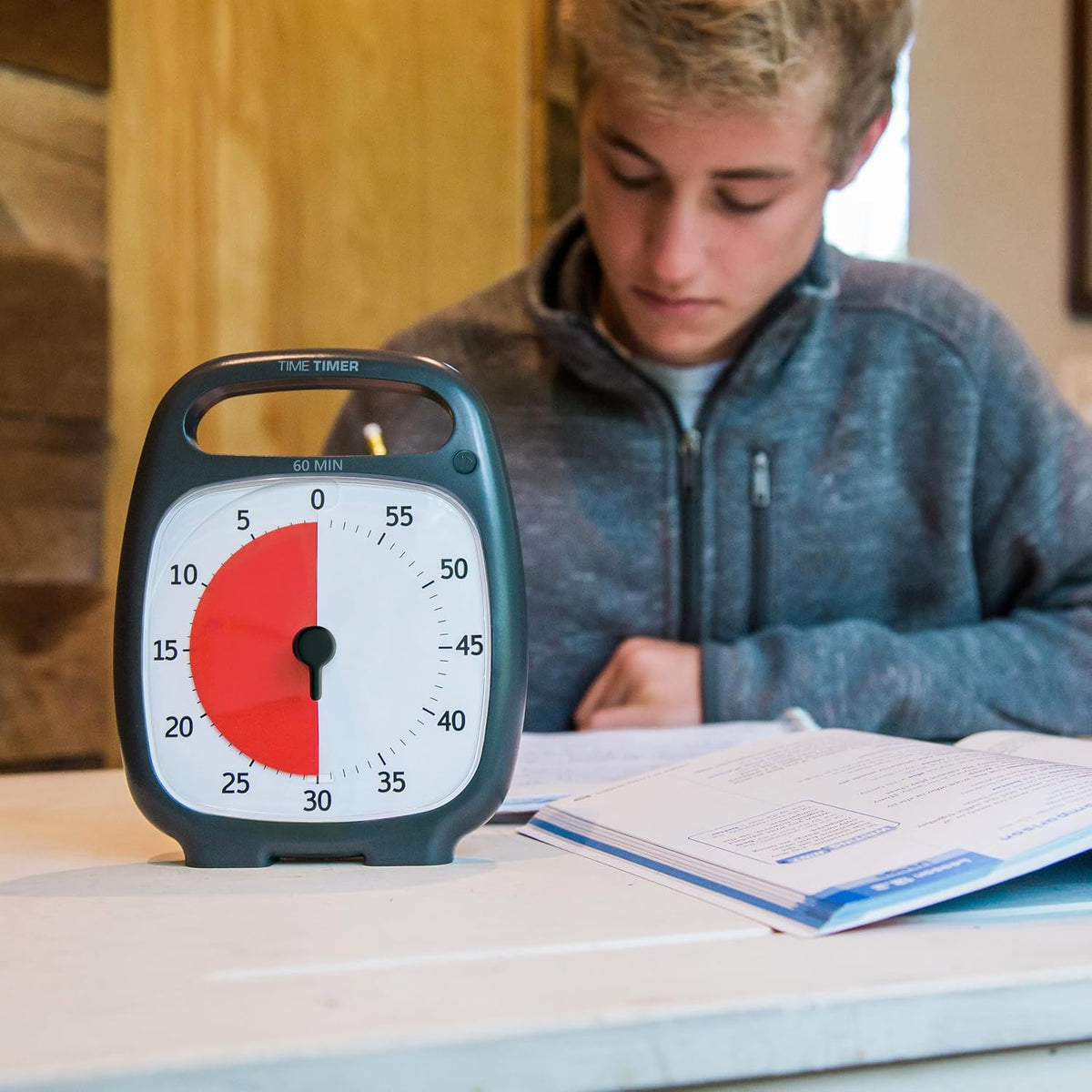 PLUS 5 Minute Desk Visual Timer - Countdown Timer with Portable Handle for Classroom, Office, Homeschooling, Study Tool with Silent Operation (White)