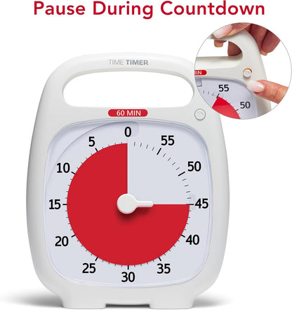 PLUS 5 Minute Desk Visual Timer - Countdown Timer with Portable Handle for Classroom, Office, Homeschooling, Study Tool with Silent Operation (White)