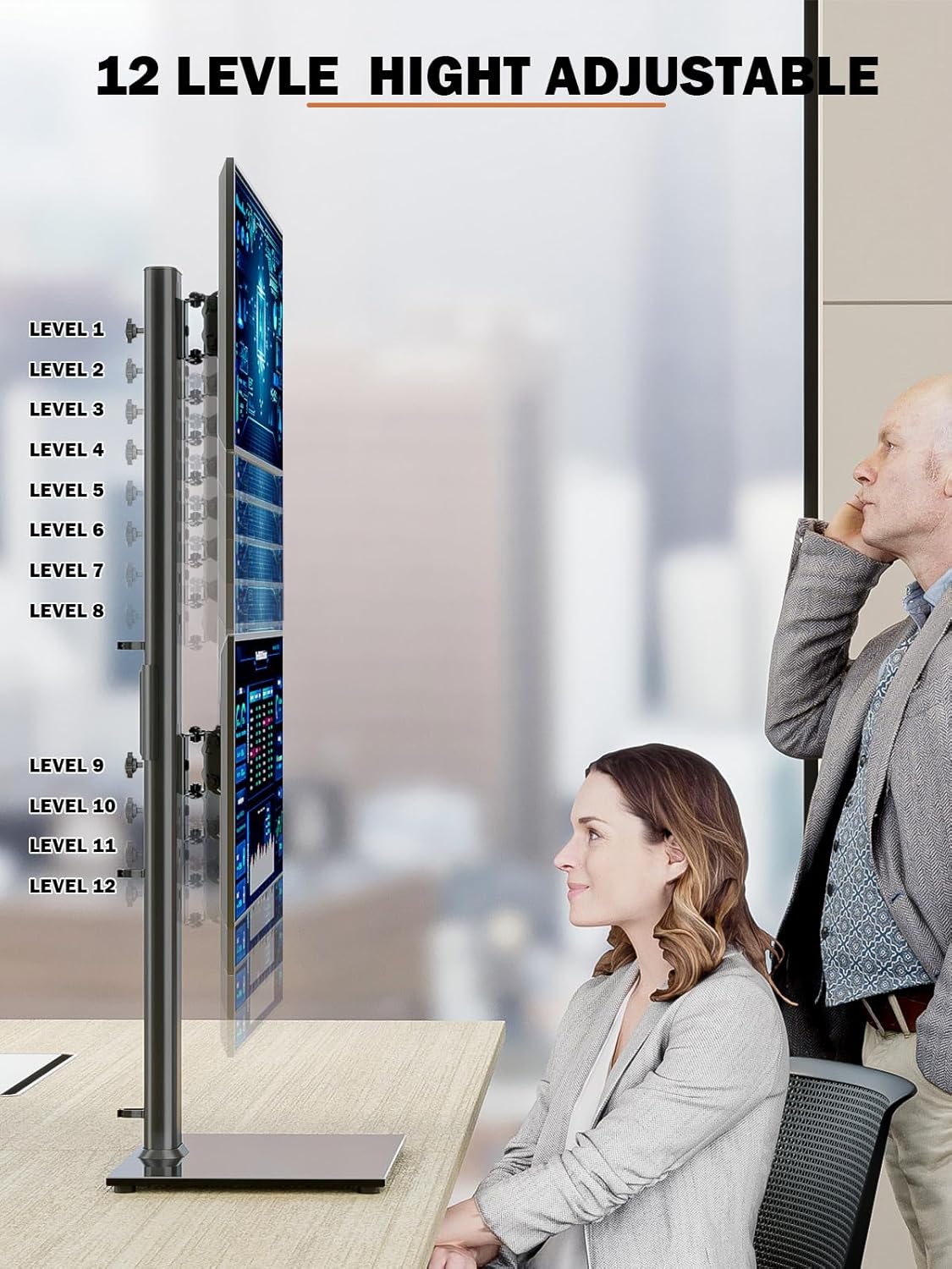 Dual Monitor Stand - Vertical Stack Screen Free-Standing Monitor Riser Fits Two 13 to 34 Inch Screen with Swivel, Tilt, Height Adjustable, Holds One (1) Screen Up to 44Lbs
