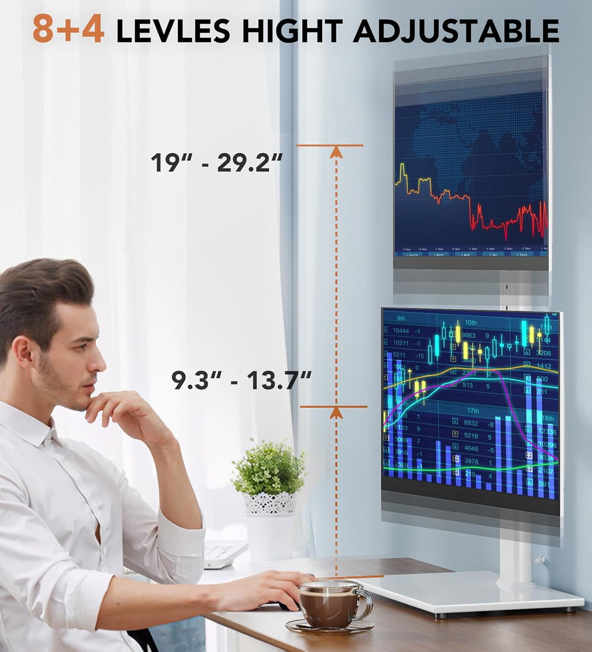 Dual Monitor Stand - Vertical Stack Screen Free-Standing Monitor Riser Fits Two 13 to 34 Inch Screen with Swivel, Tilt, Height Adjustable, Holds One (1) Screen Up to 44Lbs