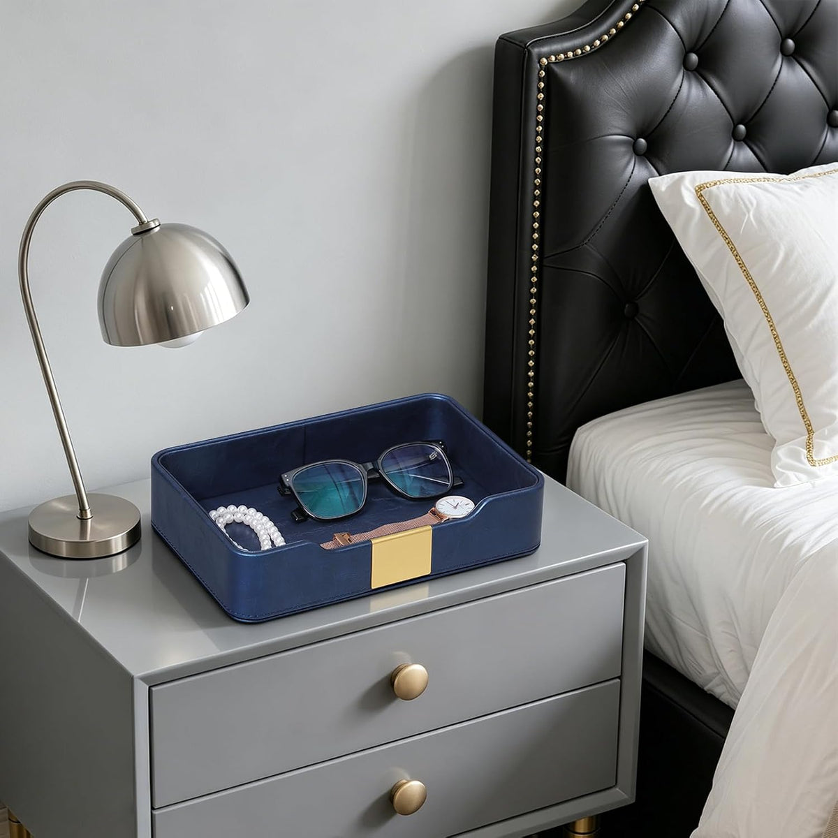 PU Leather Valet Tray, Nightstand Organizer, Catchall Tray, Green