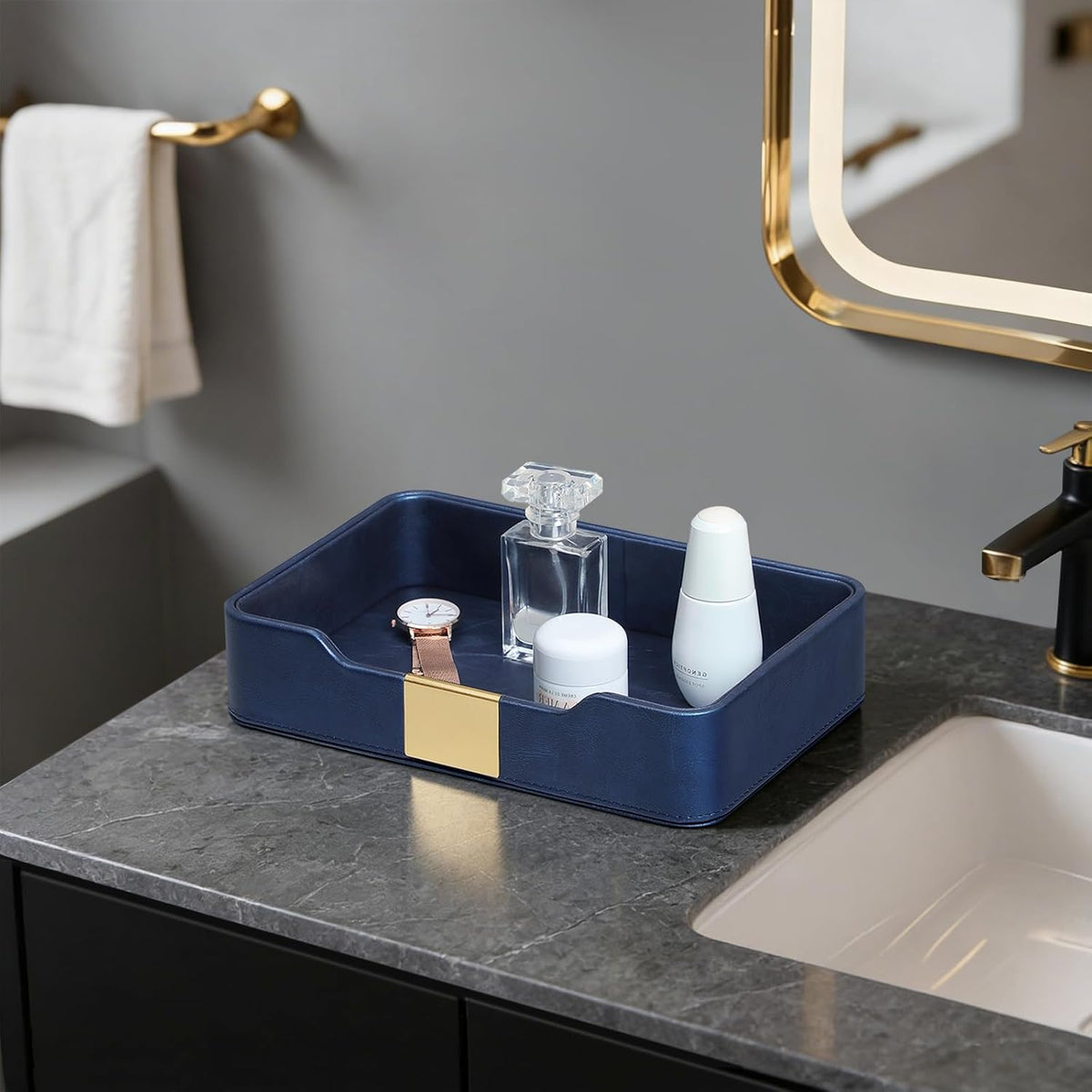 PU Leather Valet Tray, Nightstand Organizer, Catchall Tray, Green