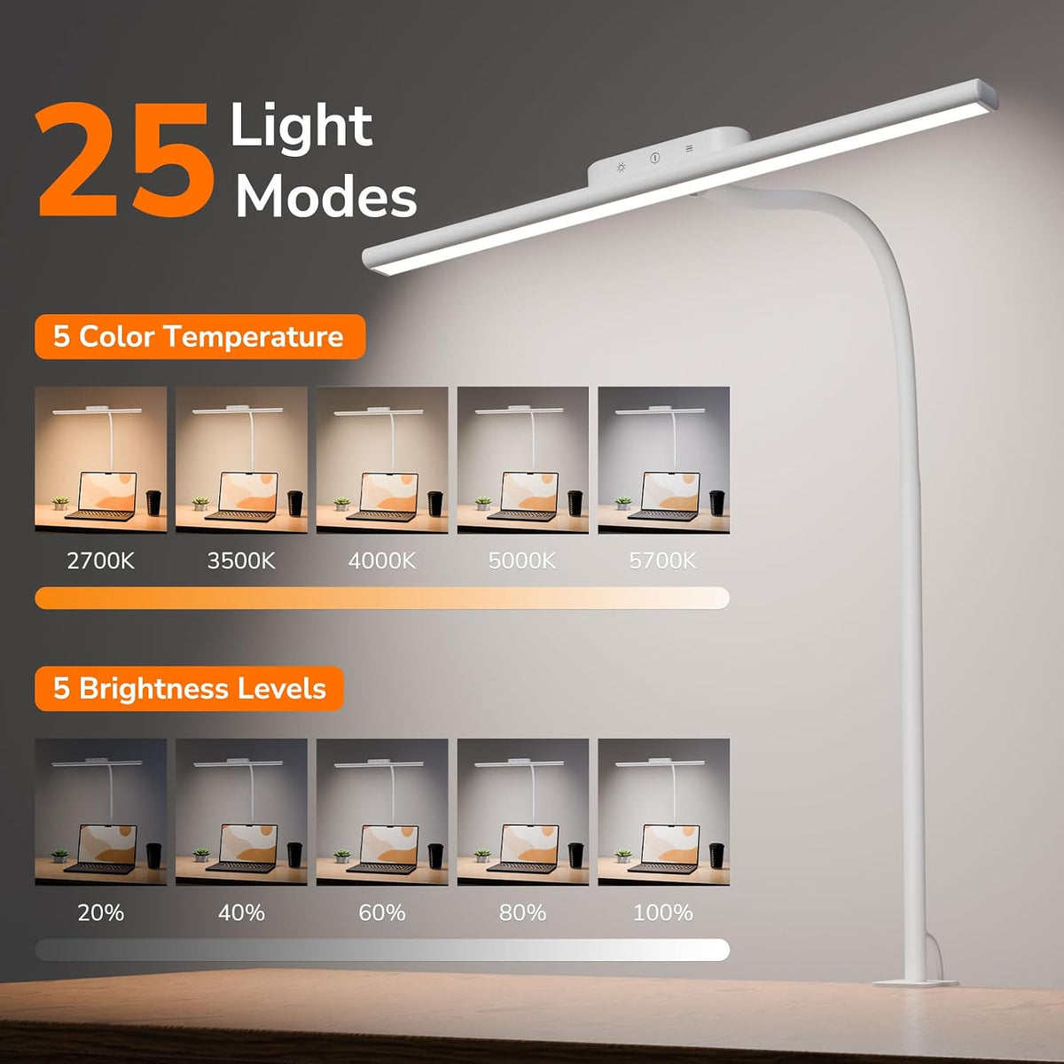 Desk Lamp with Clamp, Led Clip on Desk Lights for Home Office, White