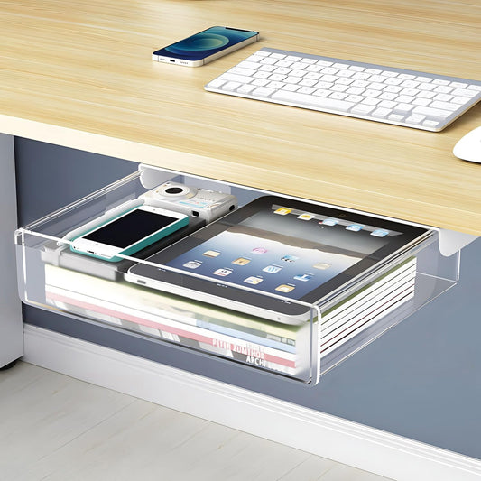 Large Under Desk Table Drawer Storage Organizer A4,Desk Accessories & Workspace Organizers,Hidden Self-Adhesive Under Table Pencil Tray Drawer for Office(Clear White)