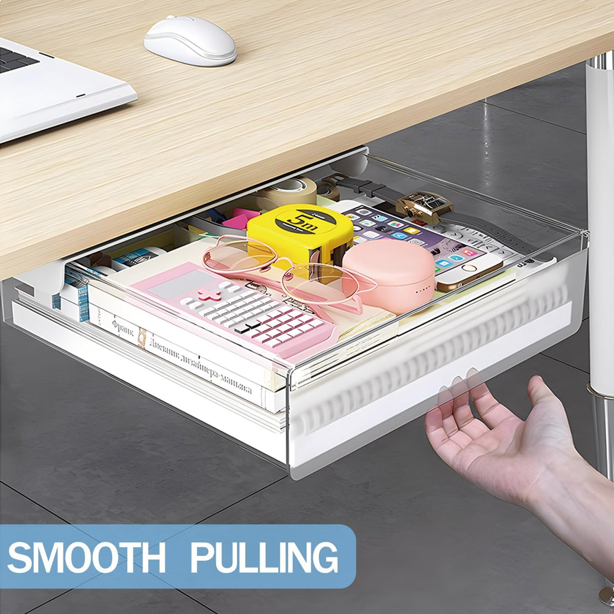 Large Under Desk Table Drawer Storage Organizer A4,Desk Accessories & Workspace Organizers,Hidden Self-Adhesive Under Table Pencil Tray Drawer for Office(Clear White)