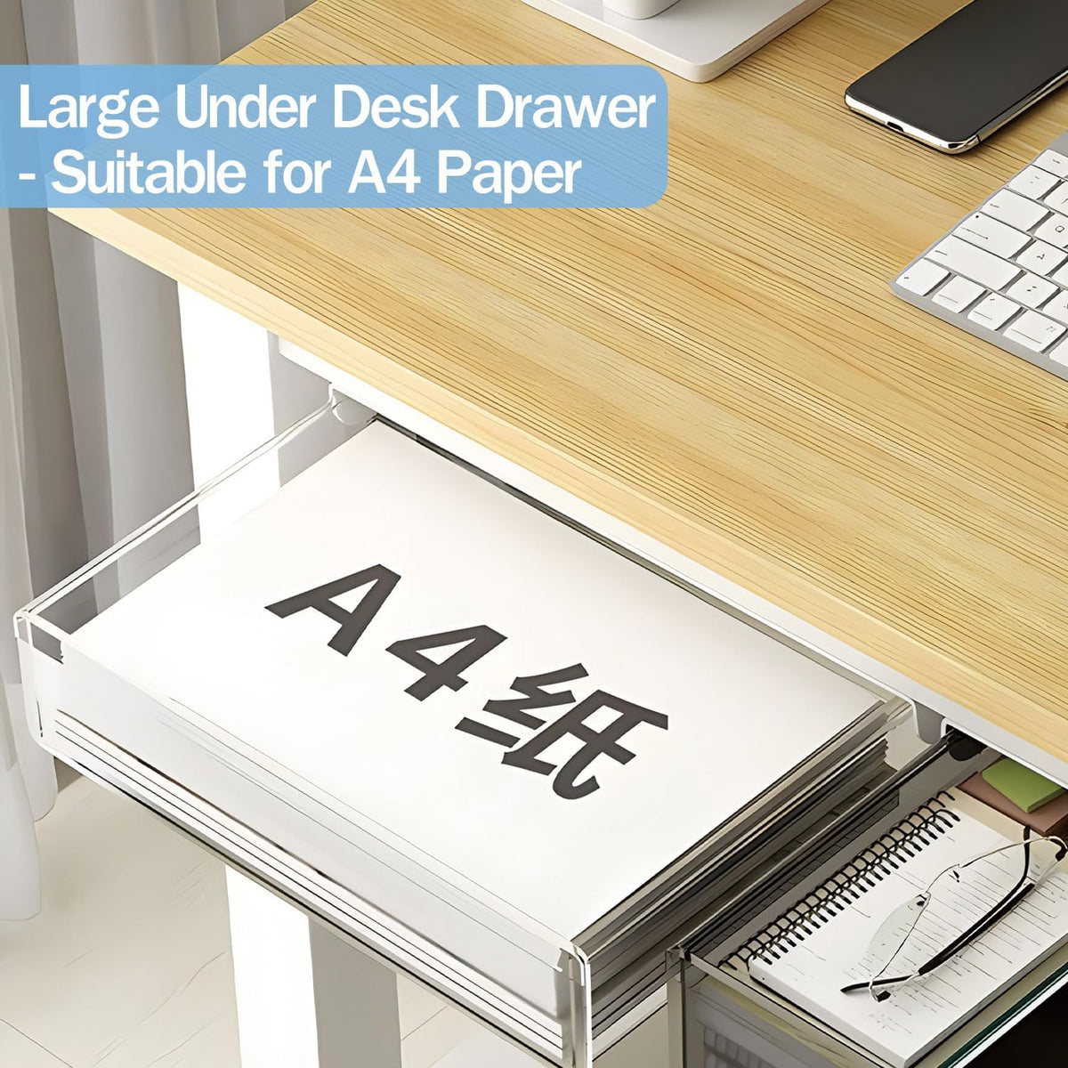 Large Under Desk Table Drawer Storage Organizer A4,Desk Accessories & Workspace Organizers,Hidden Self-Adhesive Under Table Pencil Tray Drawer for Office(Clear White)