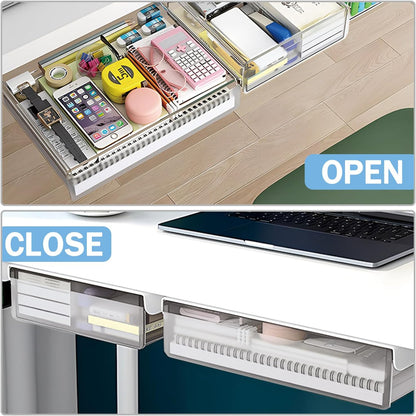 Large Under Desk Table Drawer Storage Organizer A4,Desk Accessories & Workspace Organizers,Hidden Self-Adhesive Under Table Pencil Tray Drawer for Office(Clear White)