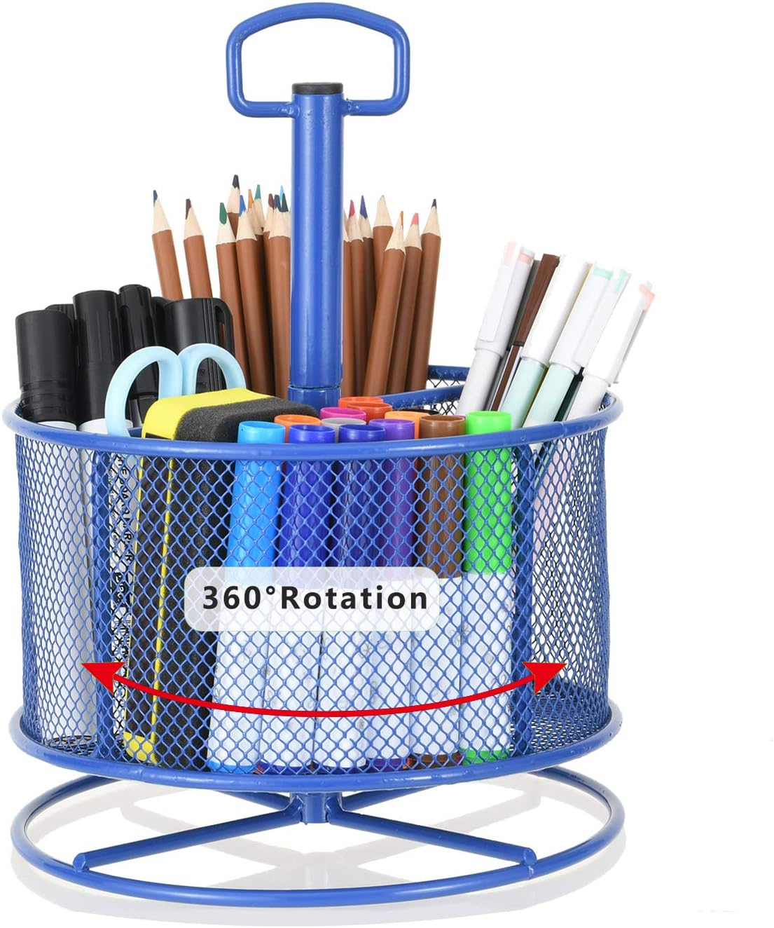 Mesh Desk Organizer, 360-Degree Rotating Multi-Functional Pen Holder, 4 Compartments Desktop Stationary Organizer, Home Office Art Supply Storage Box Caddy (Blue)