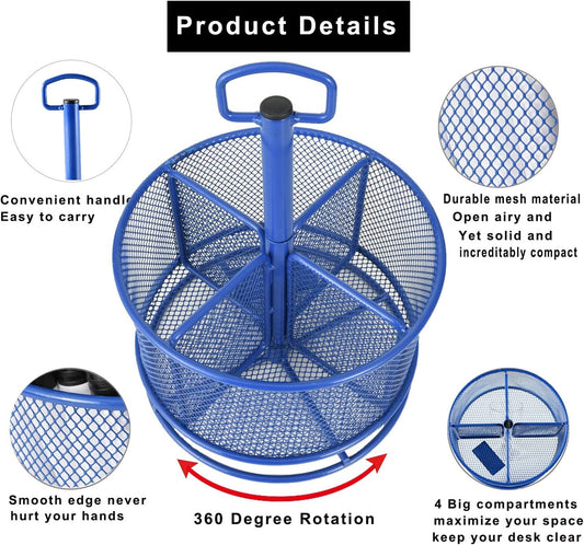 Mesh Desk Organizer, 360-Degree Rotating Multi-Functional Pen Holder, 4 Compartments Desktop Stationary Organizer, Home Office Art Supply Storage Box Caddy (Blue)