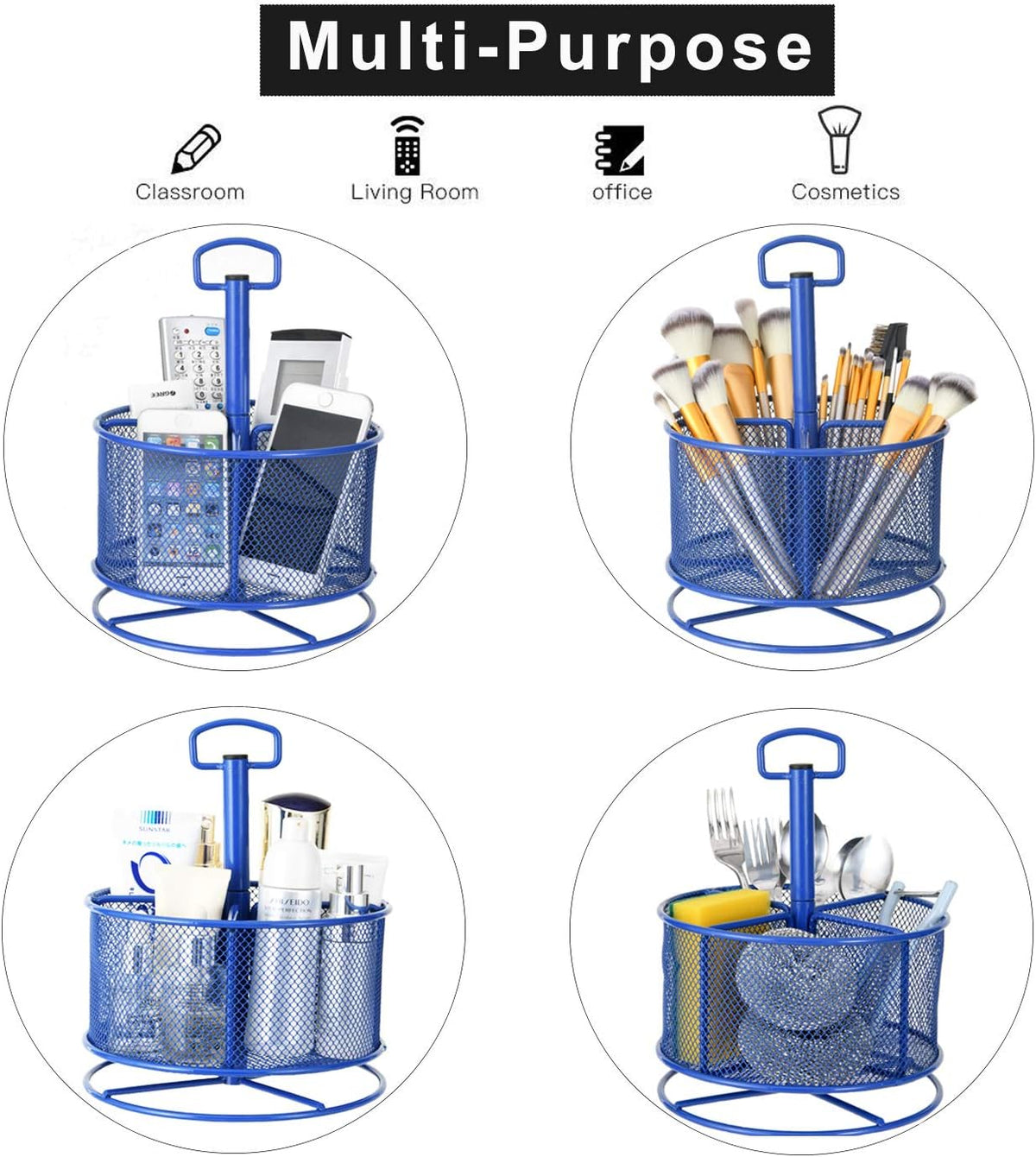 Mesh Desk Organizer, 360-Degree Rotating Multi-Functional Pen Holder, 4 Compartments Desktop Stationary Organizer, Home Office Art Supply Storage Box Caddy (Blue)