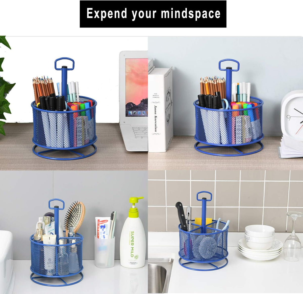 Mesh Desk Organizer, 360-Degree Rotating Multi-Functional Pen Holder, 4 Compartments Desktop Stationary Organizer, Home Office Art Supply Storage Box Caddy (Blue)