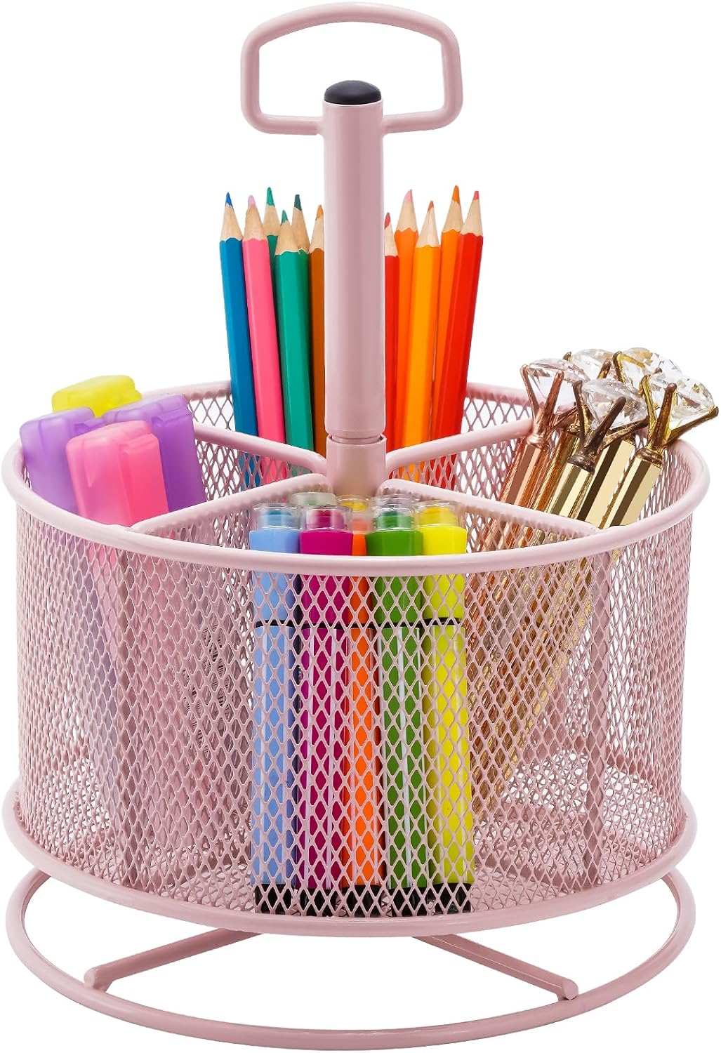 Mesh Desk Organizer, 360-Degree Rotating Multi-Functional Pen Holder, 4 Compartments Desktop Stationary Organizer, Home Office Art Supply Storage Box Caddy (Blue)