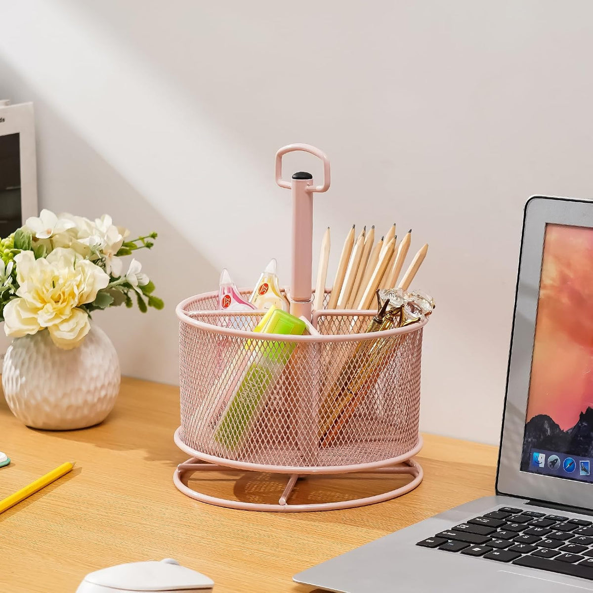Mesh Desk Organizer, 360-Degree Rotating Multi-Functional Pen Holder, 4 Compartments Desktop Stationary Organizer, Home Office Art Supply Storage Box Caddy (Blue)