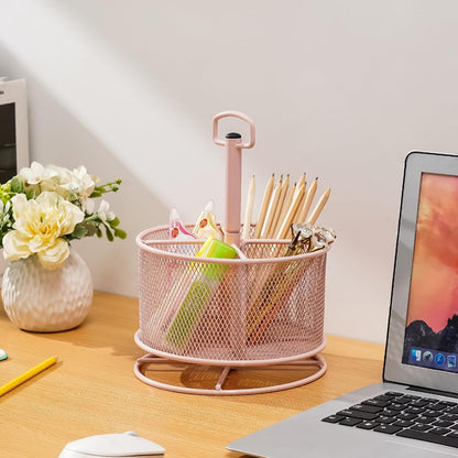 Mesh Desk Organizer, 360-Degree Rotating Multi-Functional Pen Holder, 4 Compartments Desktop Stationary Organizer, Home Office Art Supply Storage Box Caddy (Blue)
