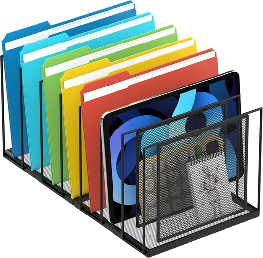 File Organizer For Desk, 7 Section Metal Desktop File Sorter, Black