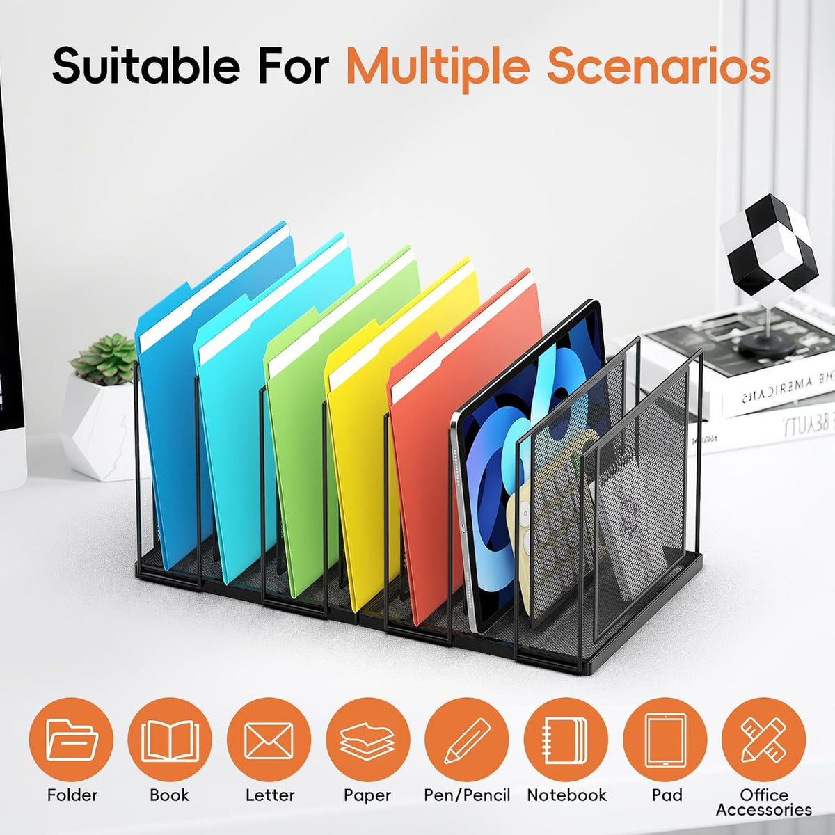 File Organizer For Desk, 7 Section Metal Desktop File Sorter, Black