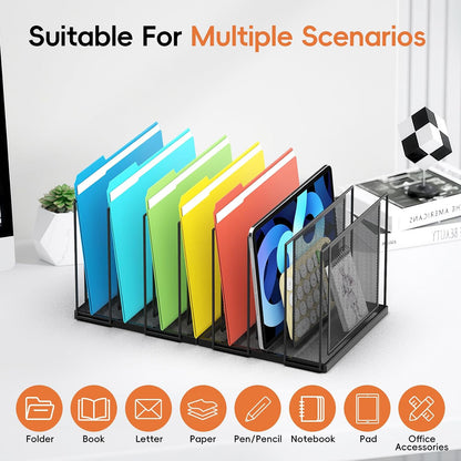 File Organizer For Desk, 7 Section Metal Desktop File Sorter, Black