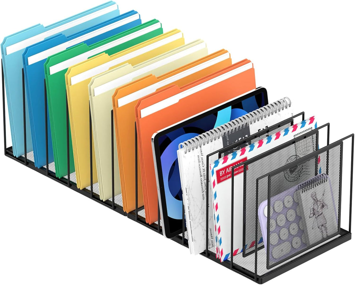 File Organizer For Desk, 7 Section Metal Desktop File Sorter, Black