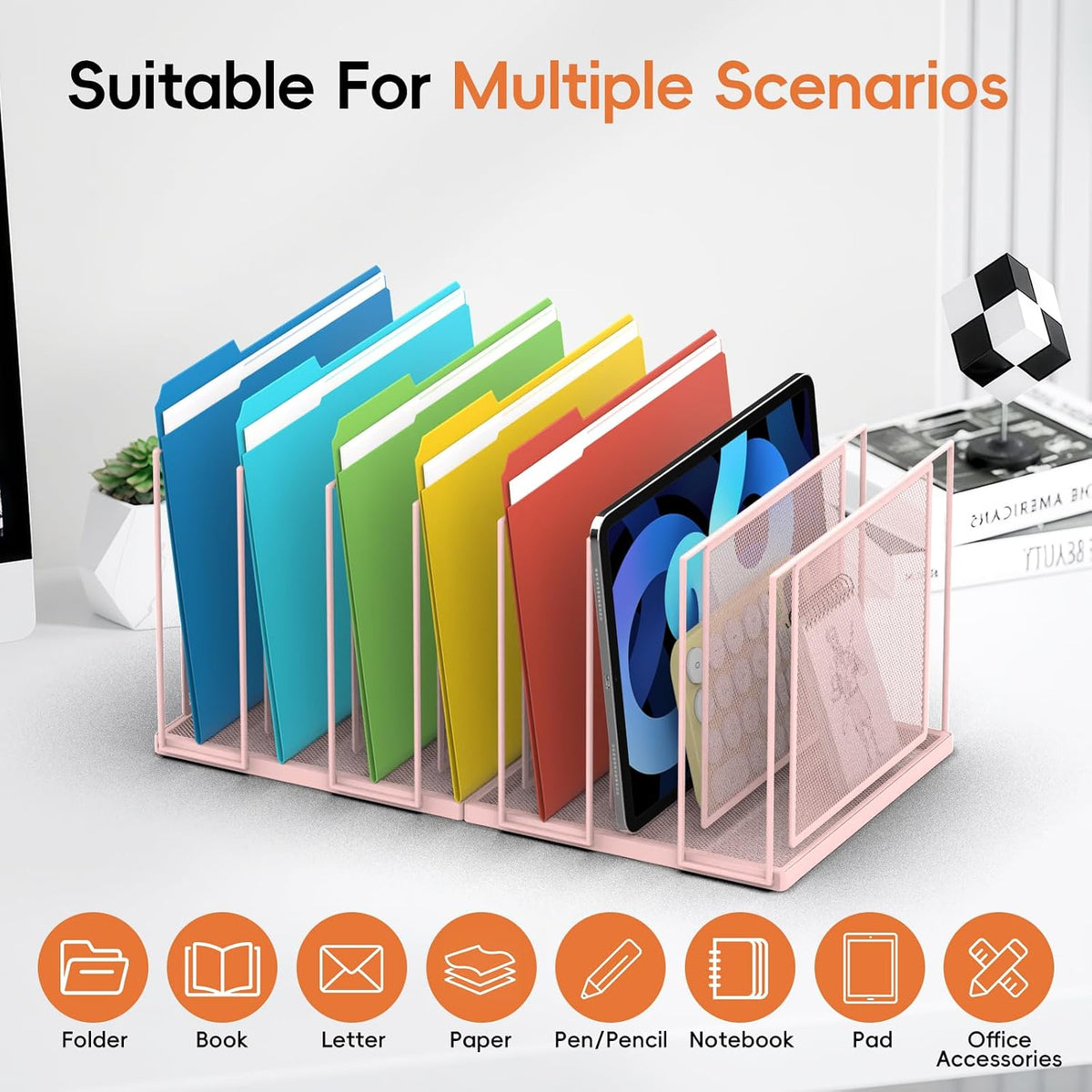 File Organizer For Desk, 7 Section Metal Desktop File Sorter, Black