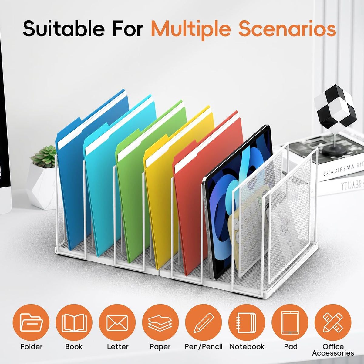 File Organizer For Desk, 7 Section Metal Desktop File Sorter, Black