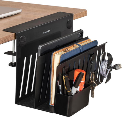 Side Storage, Under Laptop Holder, No Drill Organizer with Magnetic Pen Box, Cable Clamp, Hanging Organizer, Desk Mount File Holder for Office and Home, 2 Tier Black