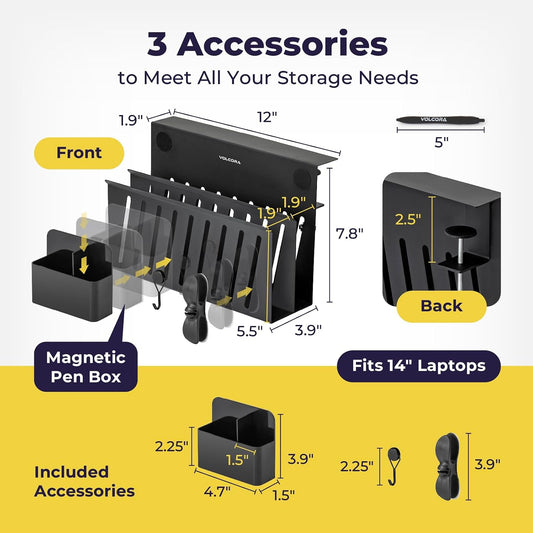 Side Storage, Under Laptop Holder, No Drill Organizer with Magnetic Pen Box, Cable Clamp, Hanging Organizer, Desk Mount File Holder for Office and Home, 2 Tier Black